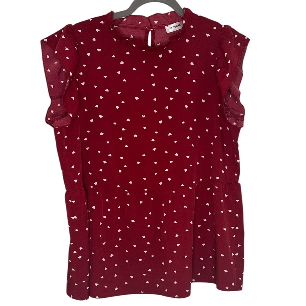 Women’s Casual Heart Print Cap Sleeve Ruffle Neck Loose Babydoll Shirt